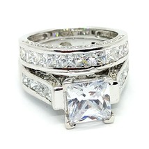 Princess Cut VVS1 Simulated 925 Silver Wedding Band Engagement Ring Set Sz 5-11 - £37.95 GBP+