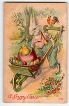 Easter Postcard Dressed White Rabbit Carts Baby Chick And Painted Eggs Rooster - £9.33 GBP