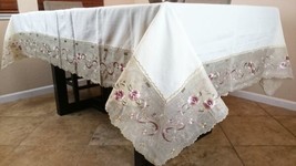 72X108&quot;&quot; Embroidery Jeweled Pink Rhine Stone Spring Floral Tablecloth 12 Napkins - £88.47 GBP