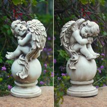 Set of 2 Cherub Statues in Stone Grey Finish (16&quot; T. Gabriel &amp; Angelo) - £87.68 GBP+