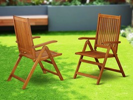 Two Solid Acacia Wood 5-Position Outdoor Folding Arm Chairs. - £166.20 GBP