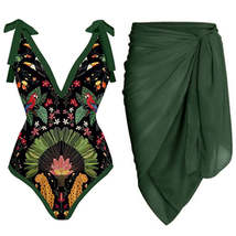 Vintage Women One Piece Swimsuit Deep V Green Swimwear Cover Up - $35.95+