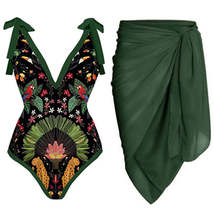 Vintage Women One Piece Swimsuit Deep V Green Swimwear Cover Up - £28.73 GBP+