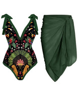 Vintage Women One Piece Swimsuit Deep V Green Swimwear Cover Up - $35.95+