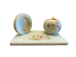 Desk Set Signed Flori Alabaster Hand Carved Italian Marble  Green Bakelite Leaf - £28.10 GBP