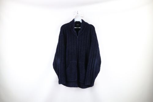 Primary image for Vintage 90s Streetwear Mens Medium Chunky Ribbed Knit Full Zip Sweater Blue