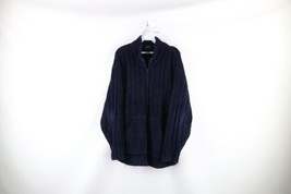 Vintage 90s Streetwear Mens Medium Chunky Ribbed Knit Full Zip Sweater Blue - $59.35