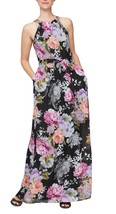 SL FASHIONS Belted Halter Maxi Dress Black Multi Size 16 $109 - $38.61