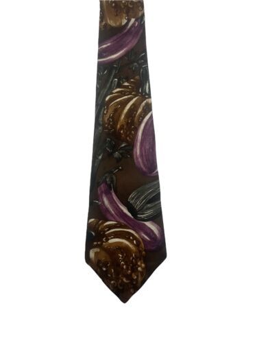 Primary image for Je Suis Tie Leaves Print Art Brown Purple Charcoal Silk Necktie 57”X3.5”