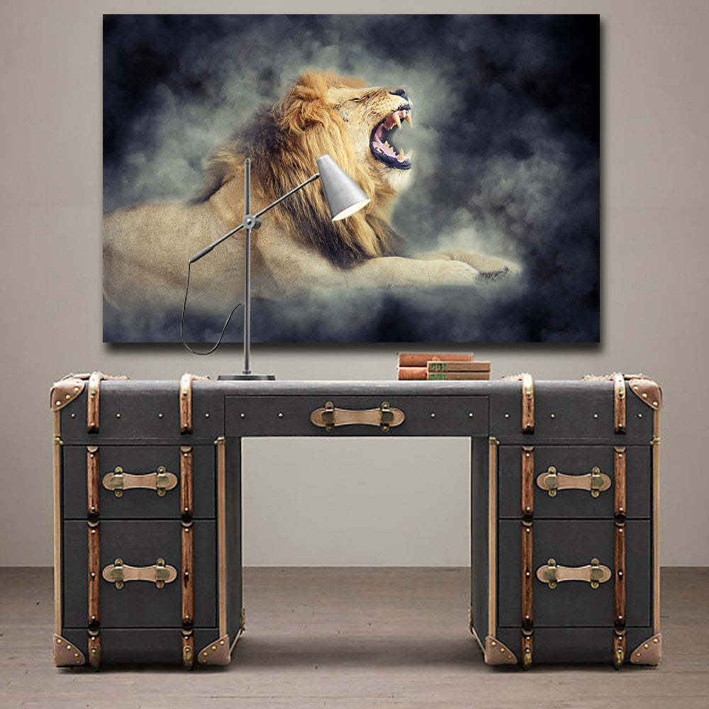 Male Lion In Smoke Cool Wall Art Living Room FRAME AVAILABLE HQ Canvas Print Item image 5