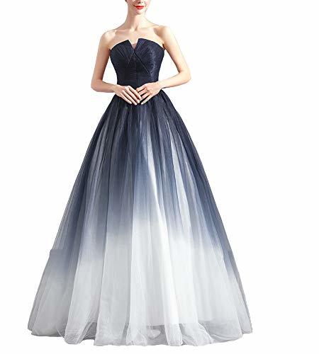 Gradient Tulle Long Ombre Prom Dresses Evening Gowns Asymmetrical Navy White 10
