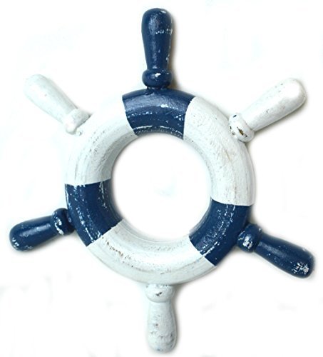 10.5" Hand Carved Ship Wheel Lifesaver Buoy Cute White Wash Wall Art - £7.90 GBP