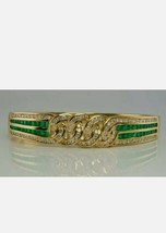 20Ct Princess Simulated Emerald &amp; Diamond Bangle Bracelet 14K Yellow Gold Plated - £242.67 GBP