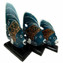 Balinese Wood Handicrafts Blue Tropical Angel Fish Family Set of 3 Figurines - £25.27 GBP