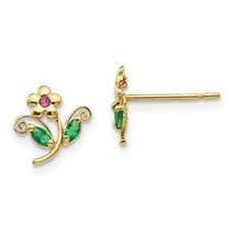 0.5CT Simulated Ruby, Emerald Flower Stud Earrings 14K Yellow Gold Plated Silver - £36.60 GBP