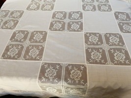 VTG Ecru color Hand made Lace Square Block Tablecloth 64&quot; x 85&quot; - $35.64