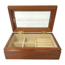 Vintage Wood Etched Glass Jewelry Box Trinket Velvet Lined 90s 80s Hinged Wooden - £23.88 GBP