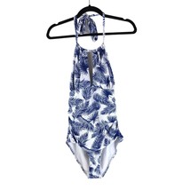 Eomenie One Piece Swimsuit Halter Keyhole Palm Leaf Print Blue White L - £6.28 GBP