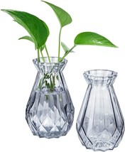 6&quot; Diamond-Faceted Flower Bud Vase, Small Clear Gray Glass Decorative Vase, Set - £26.87 GBP