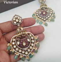 Bollywood Victorian Style Indian Gold Plated CZ Emerald Earrings Jewelry Set - £98.69 GBP