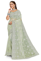 Designer Pista Glitter Coding Embroidery Work Sari Organza Party Wear Saree - £82.52 GBP