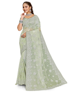 Designer Pista Glitter Coding Embroidery Work Sari Organza Party Wear Saree - £82.53 GBP