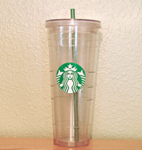Starbucks Cold Cup Clear Venti Tumbler Traveler Green Straw Lid Large Logo 24 oz - £13.54 GBP