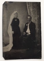 Antique Tintype Photo Bride and Groom Black Wedding Dress White Veil Widowed? - £47.78 GBP
