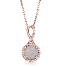 Infinity Design Round White Opal w/ CZ Halo Pendant Rose Gold Plated - £31.99 GBP