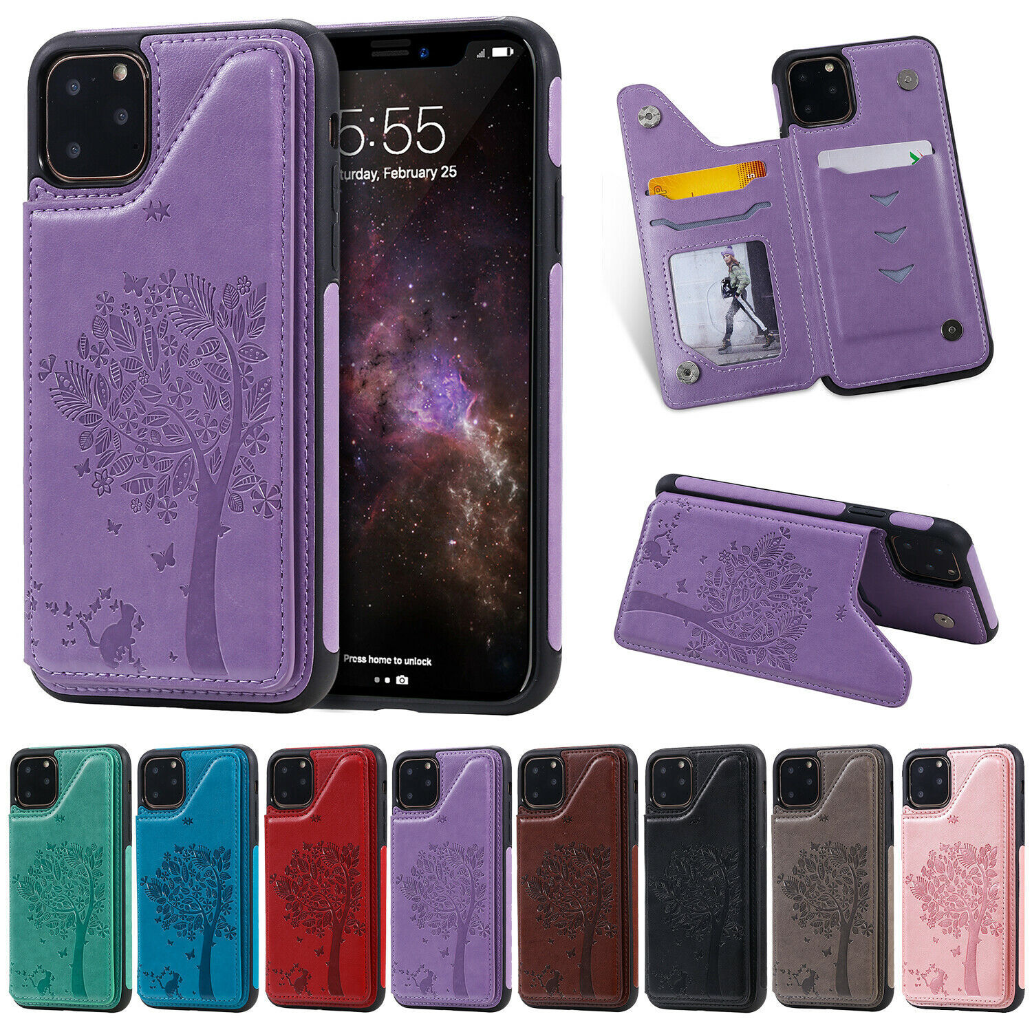 Tree Pattern Leather Stand Card Holder Cover Case For iPhone 8+/Xs/Xr/11 Pro Max