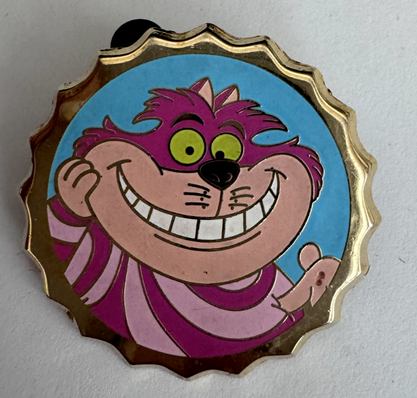 Disney Pin Alice in Wonderland Cheshire Cat Grin Soda Bottle Cap Circle ... - $15.83