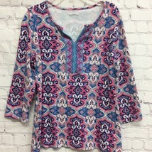 Kim Rogers Womens Blouse Pink Blue Paisley Long Sleeve Notch Neck 100% Cotton S - $9.89