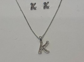 Fashion Jewelry Silver Sparkle Letter K Necklace &amp; Matching K Earrings New - £5.03 GBP