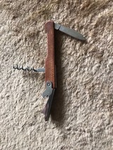 Vintage Pocket Knife Bottle Opener &amp; Corkscrew w/ Wooden Base / Handle 4... - $4.94