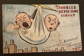Troubles Never Come Singly Baby Twins Hurry Up Humorous Comic Postcard - £15.62 GBP