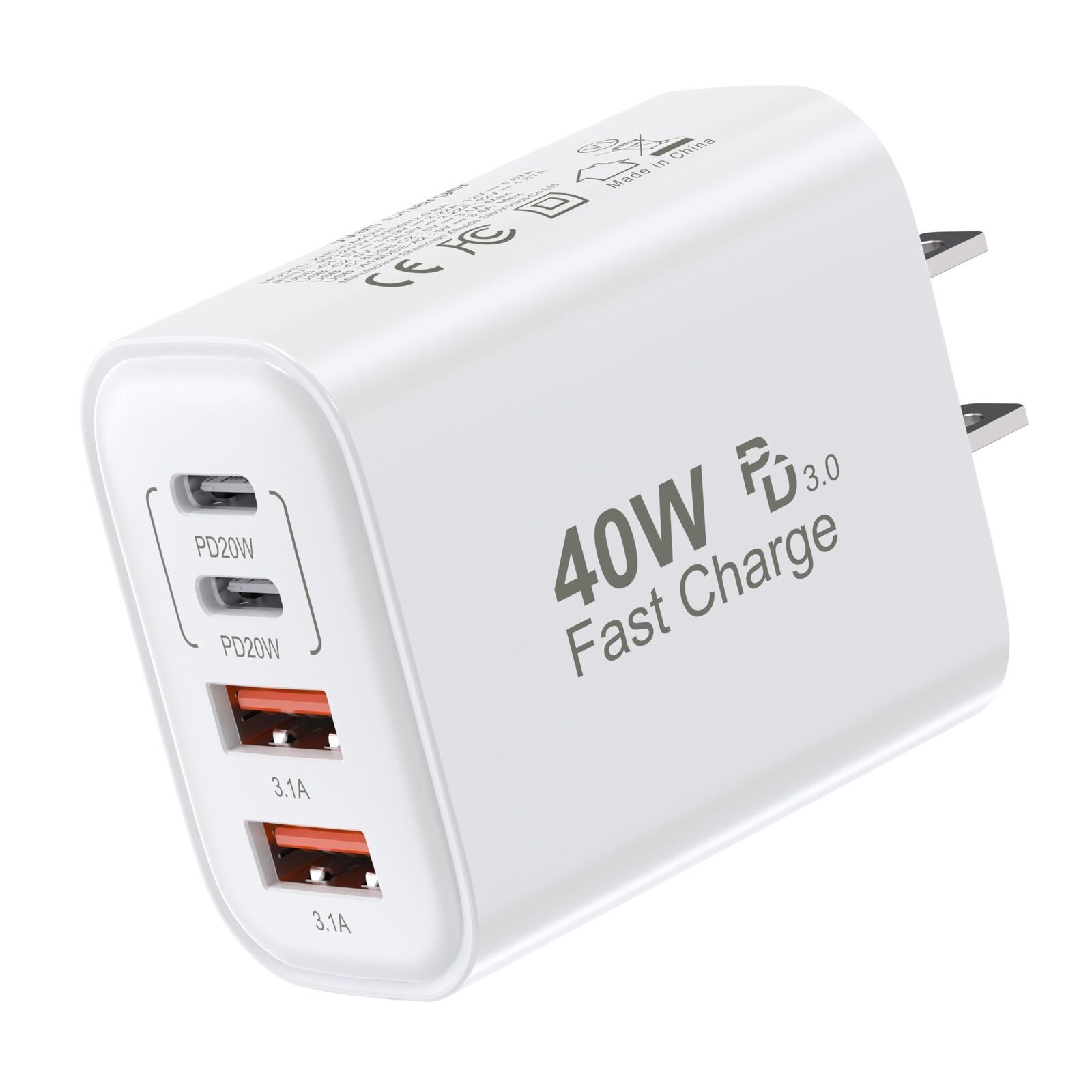 USB C Block 40W, 4 Ports Wall Plug Fast Charging Block, PD+QC Multiport Power A