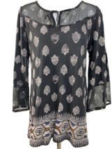 Lucky Brand Black with Tan Floral Print Peasant Knit Top, Women&#39;s Size M - $9.49