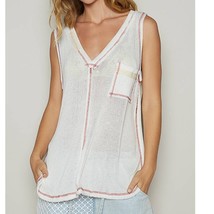 Sleeveless V Neck Front Pocket Solid Knit Tank Top Off White Small - $24.75