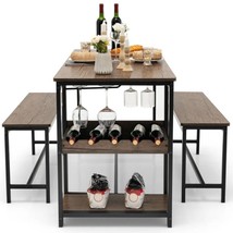 Modern Industrial 3-Piece Metal Wood Dining Set with 2 Benches and Wine Rack - £240.52 GBP