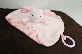 Modern Baby Snuggle Blanket Bunny Pink Flowers Lovey Security Round Teether - £9.84 GBP