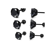 60pcs Ear Stud Men Earring Black Round Zircon Punk 16Gauge Stainless Steel Women - £54.70 GBP