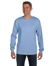Hanes Men&#39;s Authentic Long-Sleeve Pocket T-Shirt 5596 Light Blue Size M - £11.44 GBP
