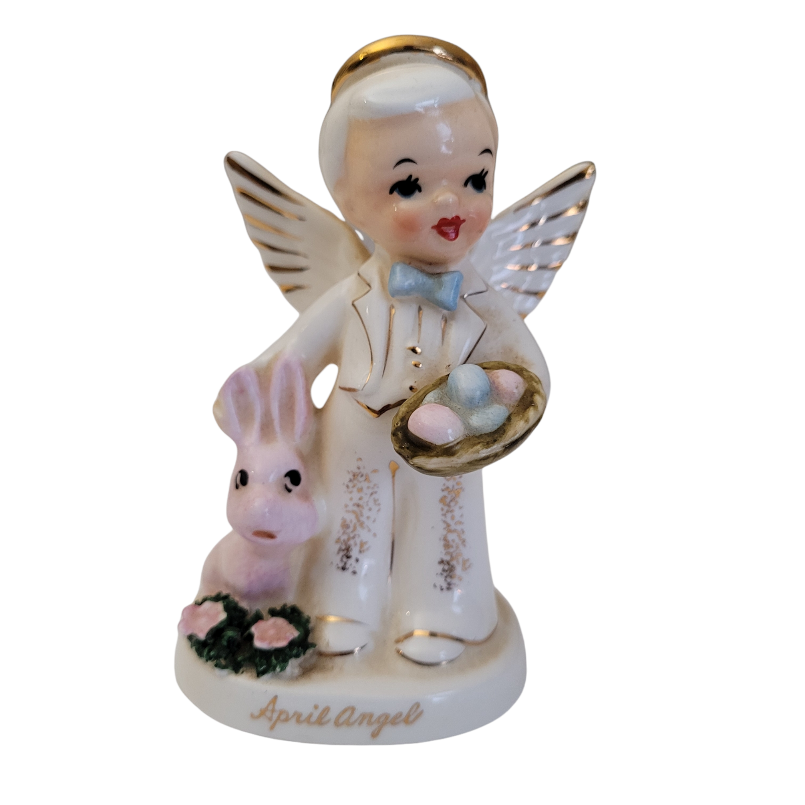 Primary image for Vintage 1956 NAPCO 4 1/2" April Angel boy Easter Bunny / Eggs #A1920