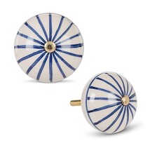 Striped Ball Drawer Knobs Set of 4 Ceramic Blue White  1.75" Diameter Gold Stud
