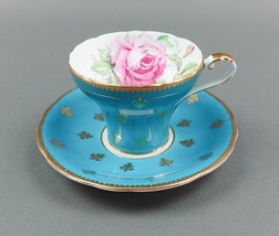 Aynsley England Cabbage Rose Turquoise Blue Gold Fleur De Lis Cup &amp; Saucer C1022 - £152.31 GBP