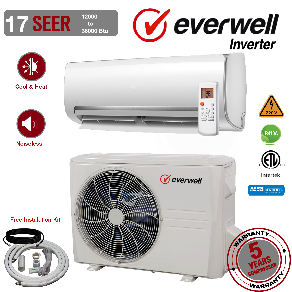 Everwell®  12000 - 24000 BTU Mini Split Air Conditioner  System 17 SEER2