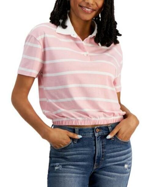 MSRP $29 Crave Fame Women Juniors Striped Polo Top Pink Size Small - $6.28