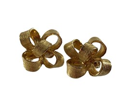 KJL Kenneth Jay Lane Clip On Earrings Textured Gold Tone Ribbon Bow 1&quot; Across - £50.84 GBP