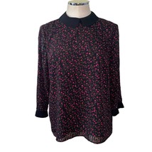 CeCe Black Floral Print Long Sleeve Sheer Striped Collared Blouse Size M... - $34.25