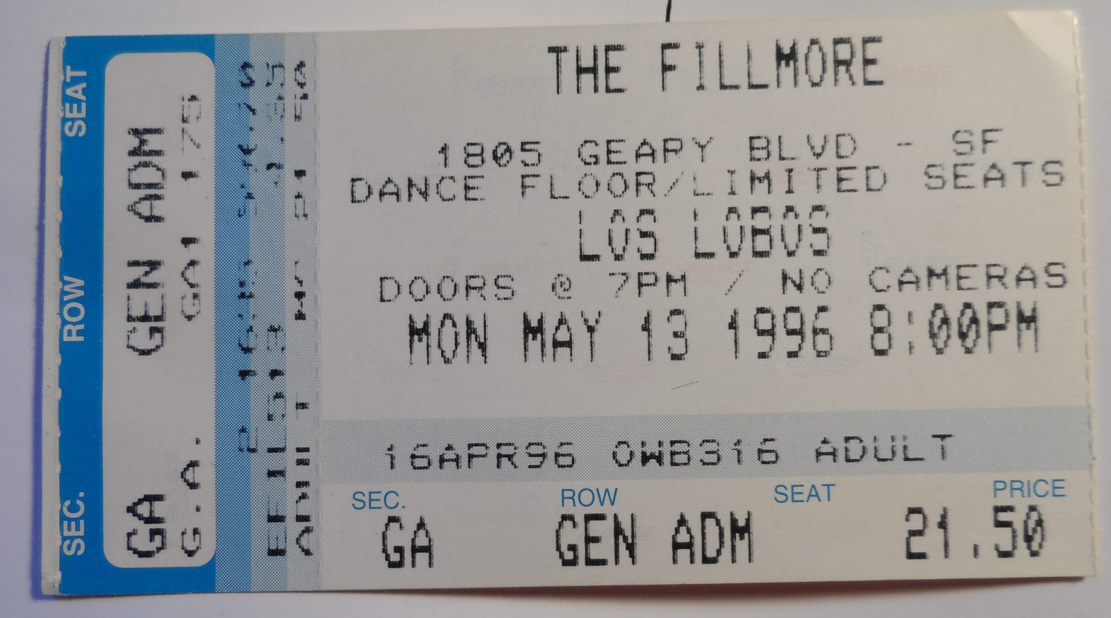 Los Lobos Vintage 1995 Ticket Stub THE FILLMORE Gen Adm Collectible - $4.95